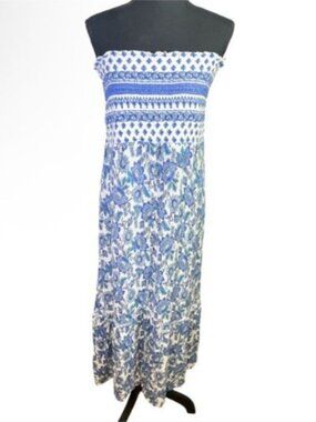 MSK Strapless Chinoiserie Maxi Dress Sz L Smocked Ruffle Button Blue White Beach
